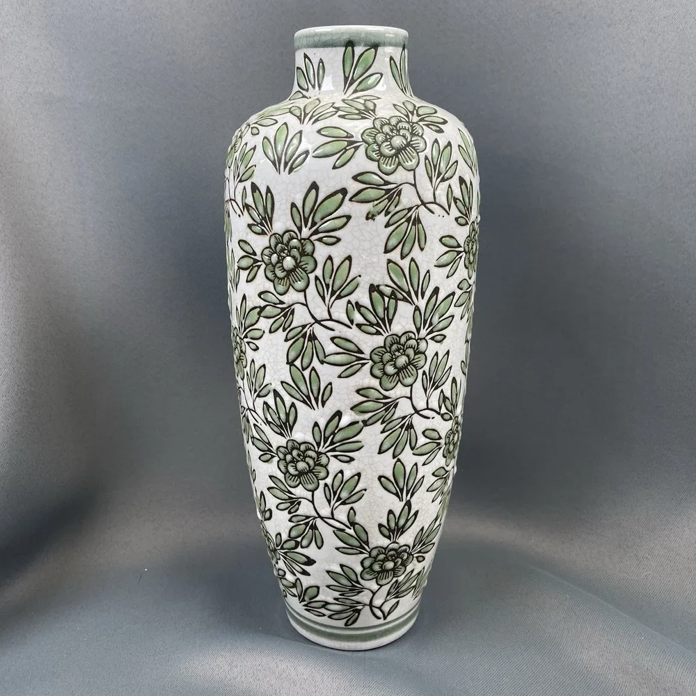 White and Green Floral Ceramic Vase 12
